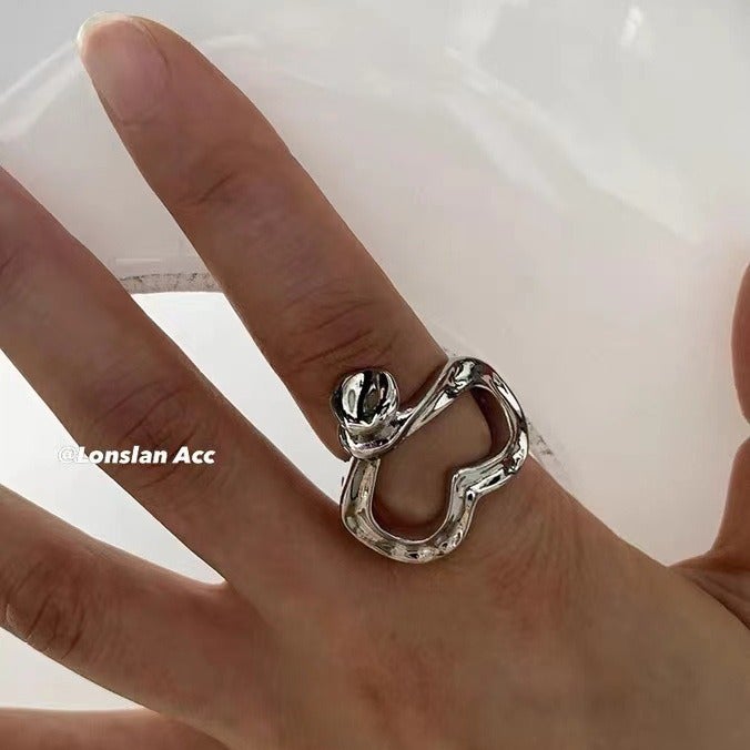 Ins Style Design Texture Ring French Retro Asymmetrical Heart-Shaped Ring Silver Personalized Elegant Ring - Image 5